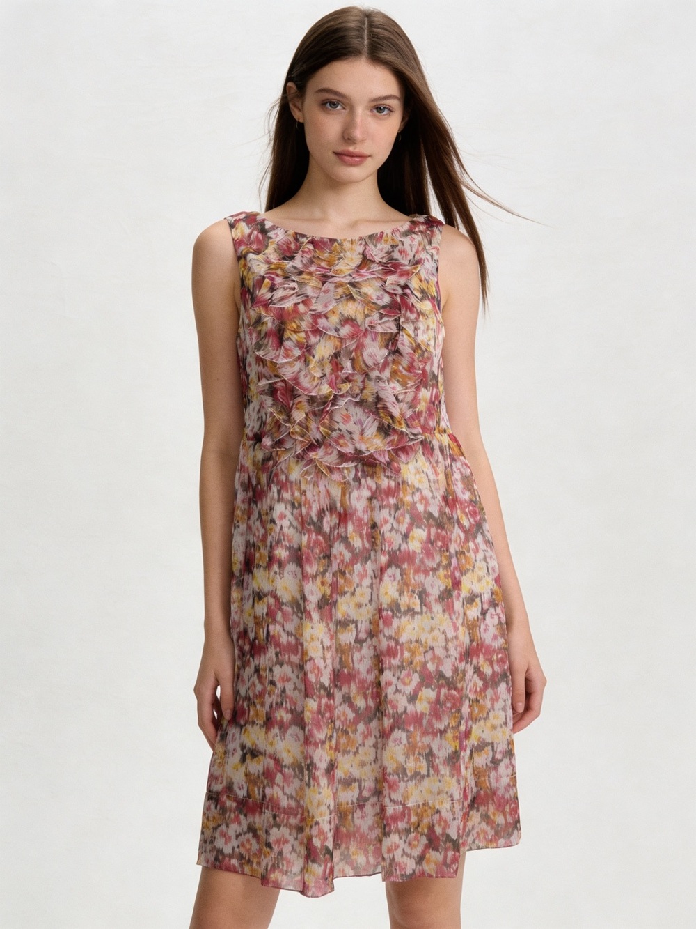 Maggy London 100% Silk Watercolor Floral Ruffle Dress Sleeveless Midi Size 4